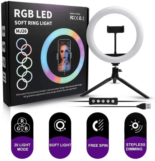 Anillo de luz LED RGB suave MJ-26 con soporte para selfies