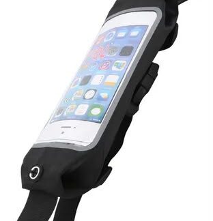 riñonera deportiva para celular de color negro con ventana táctil transparente