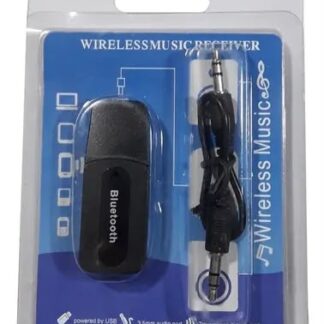receptor de música inalámbrico Bluetooth genérico con puerto USB y cable auxiliar jack de 3.5 mm.